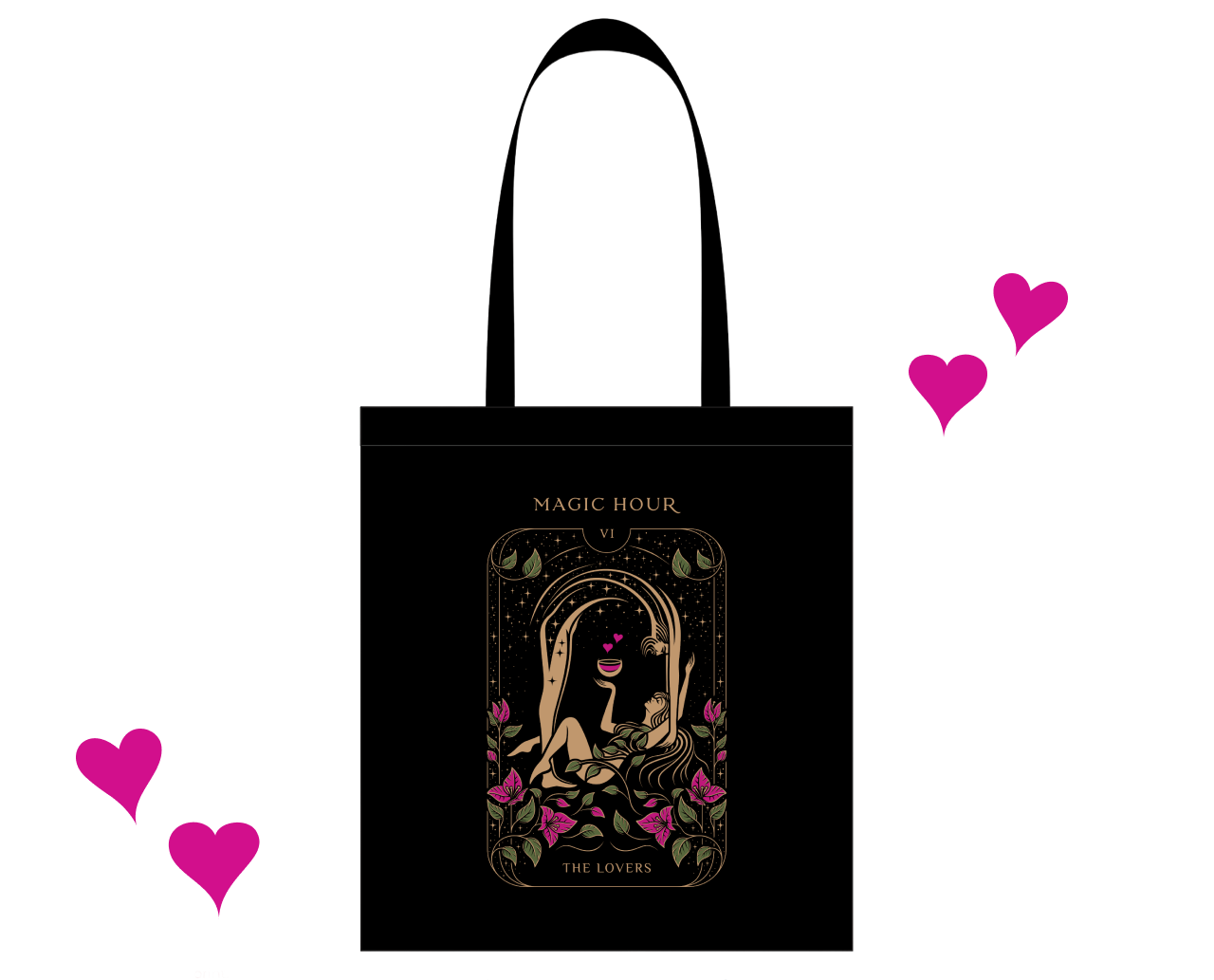 Introducing "The Lovers Tote Bag" – a black cotton tote bag adorned with a central design featuring a man and woman encircled by pink roses, all under a golden arch. The text "MAGIC HOUR" is proudly displayed above the design, while "THE LOVERS" graces the space below, echoing the essence of the Lovers Tarot Card. Delicate pink hearts float around the bag, adding an extra touch of magic.