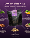 A "Sleep Tea Subscription" package is centered on a purple background, surrounded by images and names of its ingredients—tulsi, turmeric, cinnamon, nutmeg, and cardamom—each noted for promoting sleep support and reducing stress.