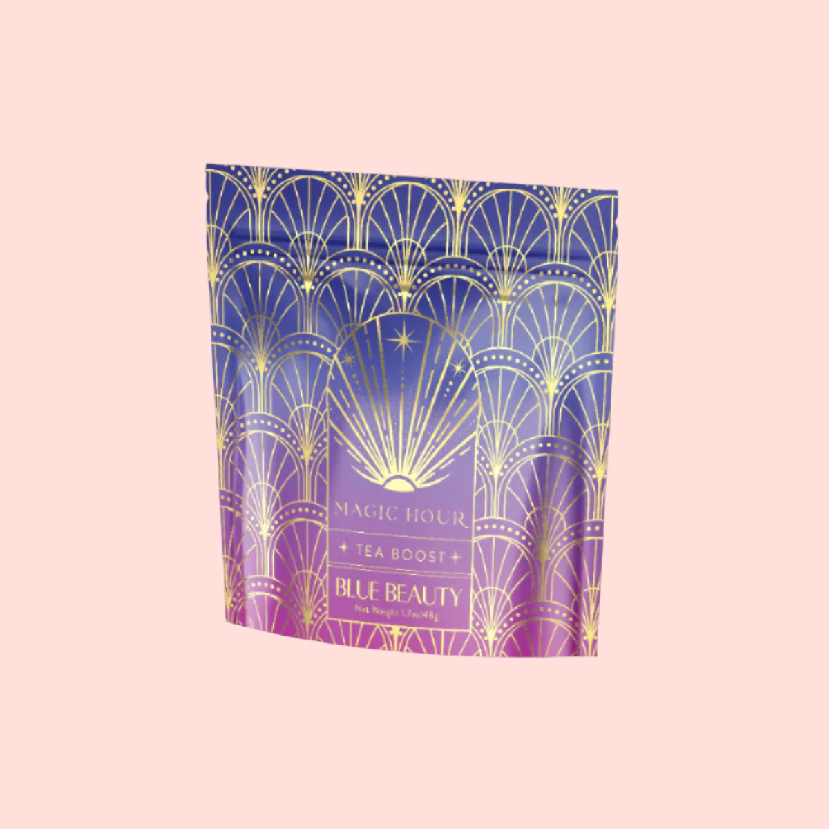 A vibrant stand-up pouch featuring a decorative geometric design in shades of blue, purple, and gold. The bag is elegantly labeled "Blue Beauty Tea Boost" in a stylish font, giving it a luxurious appearance.
