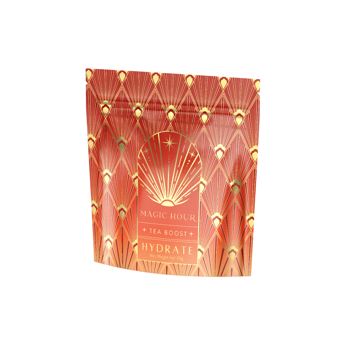 A decorative tea package labeled "Hydrate Tea Boost - Magic Hour" is shown. The packaging features a geometric, art-deco design with warm tones of red, orange, and gold, accented by cream and yellow. The front includes a starburst graphic along with the product details.