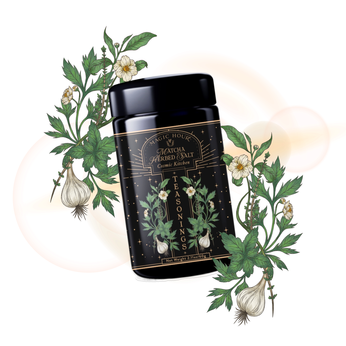 A black canister labeled "Matcha Herbed Salt" displays botanical garlic and green leaf illustrations, with coordinating floral accents—an ideal way to showcase this gourmet spice mix on a light background.