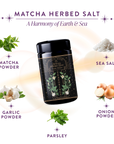 A jar of Matcha Herbed Salt sits center stage, surrounded by illustrations of matcha powder, sea salt, onion powder, parsley, and garlic powder. Text highlights this gourmet blend’s harmonious fusion of earthy matcha and sea salt.