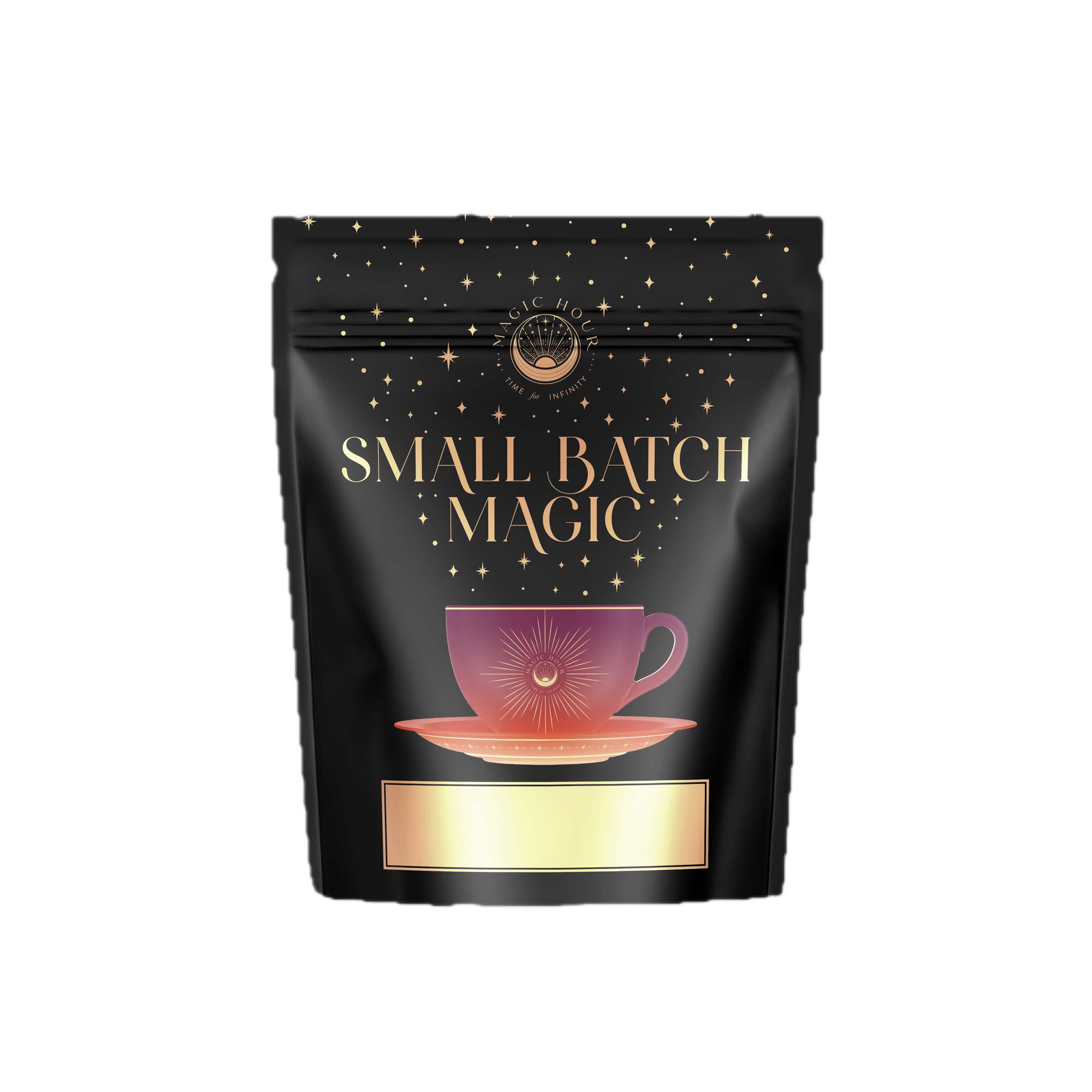 A black pouch labeled “Small Batch Magic” with gold stars, a gold sun emblem, and a purple and orange teacup illustration contains Cherry Cola Black Tea: Original Formula. A blank gold label is at the bottom.
