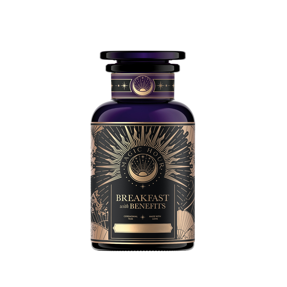 A dark purple and gold jar labeled "Metabolism Balance: Breakfast with Benefits" features intricate sunburst patterns and celestial motifs. Elegantly crafted, it holds bold black tea infused with metabolism-boosting spices, providing an organic blend for a luxurious start.