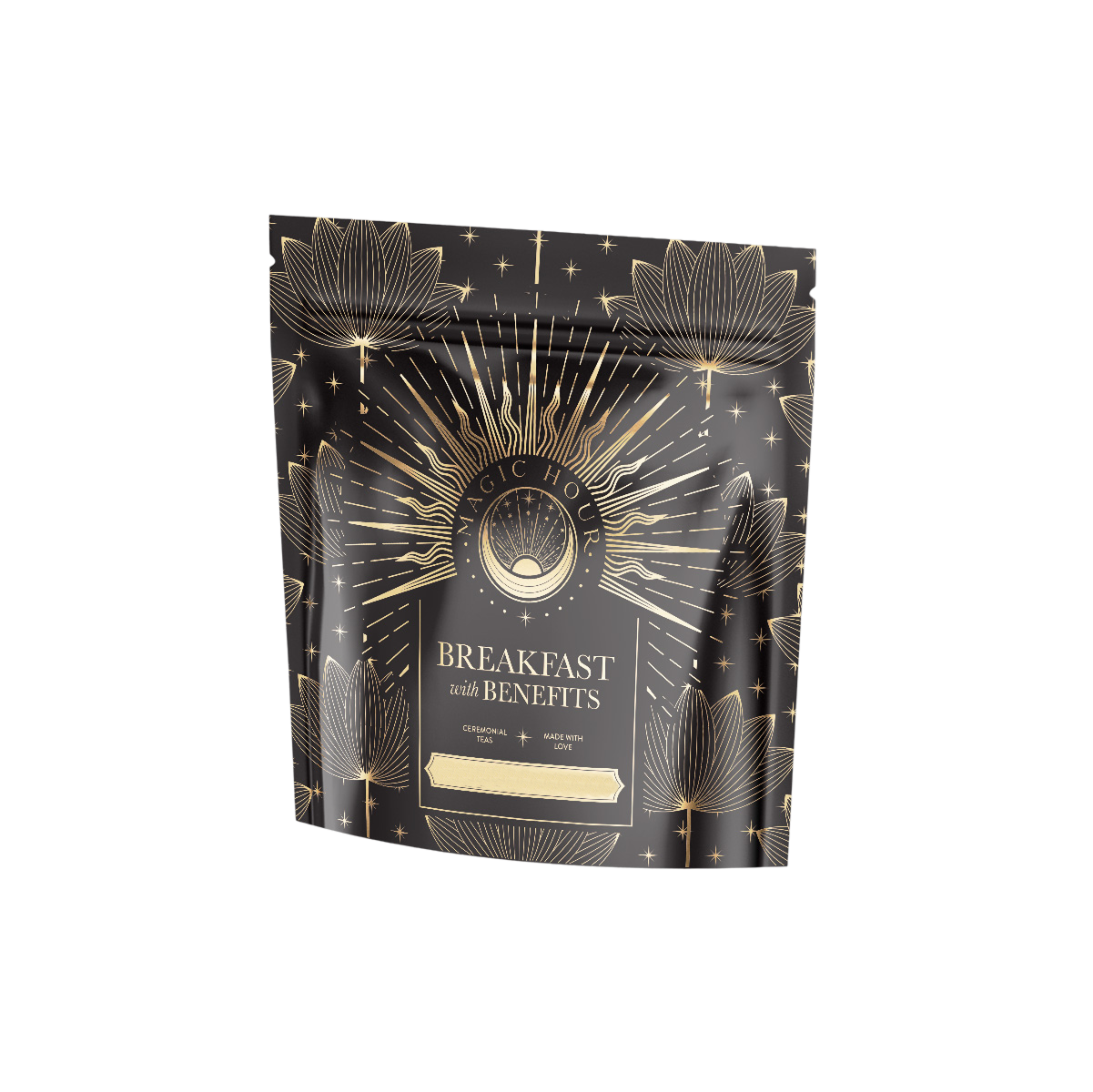 A black and gold pouch labeled "Metabolism Balance: Breakfast with Benefits" features bold black tea and metabolism-boosting spices. Intricate gold lotus and sunburst patterns adorn it. The resealable top highlights that it is organic, vegan, and non-GMO.