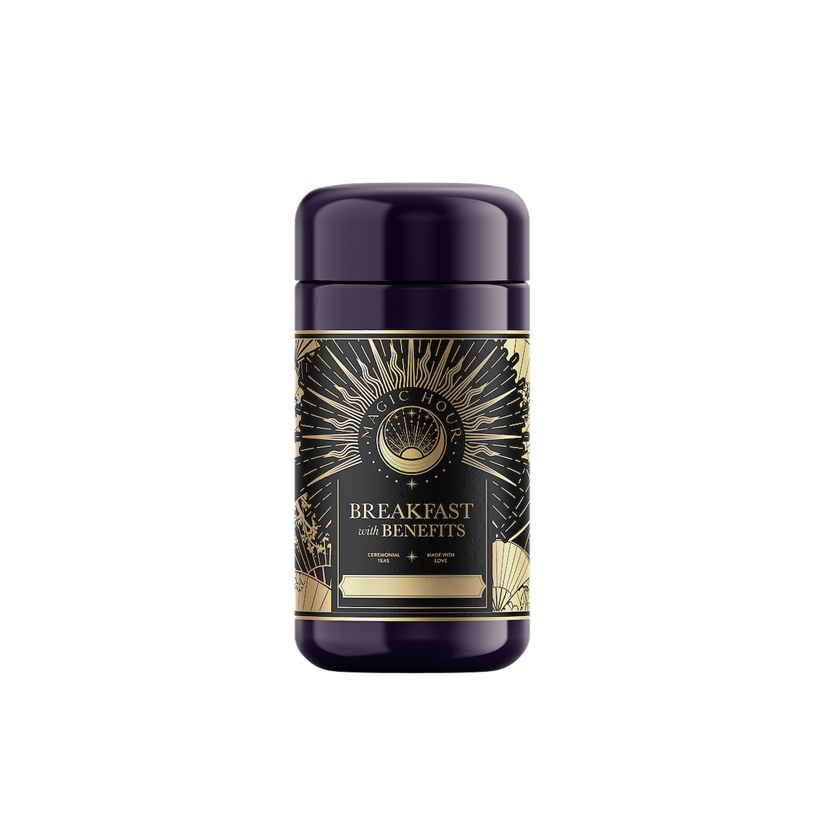 A cylindrical bottle with a purple cap showcases sun rays and "Metabolism Balance: Breakfast with Benefits" on the label, emphasizing its blend of bold black tea and metabolism-boosting spices.