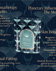 The "Monday Moon" Luxe Refill Pouch for Magic Hour Ceremonial Bath Soaks highlights its aromatherapy and cosmic benefits, influenced by the Moon. Celestial designs suggest a self-care ritual for skin wellness, complete with ritual pairing ideas.