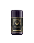 A dark cylindrical container labeled "Mood Balance: Breakfast with Benefits" showcases gold accents, an eye illustration, and sunburst patterns. Infused with calming Ashwagandha root, it provides a refined herbal breakfast tea experience.