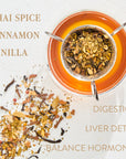 A glass cup filled with Moringa Moon Herbal Tea sits on a clear saucer. Loose leaf tea is scattered next to the cup. Text on the left reads "Chai Spice, Cinnamon, Vanilla." Text on the right reads "Digestion, Liver Detox, Balance Hormones." Enjoy the magic of organic tea with every sip from Club Magic Hour.