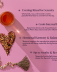 A cup of Pitta: Caffeine-Free Saffron Tea for Balancing Body, Mind & Emotions rests on a pink surface beside a heart of dried herbs and flowers with a golden tassel. Four Ayurvedic tea wellness benefits are listed stylishly nearby.