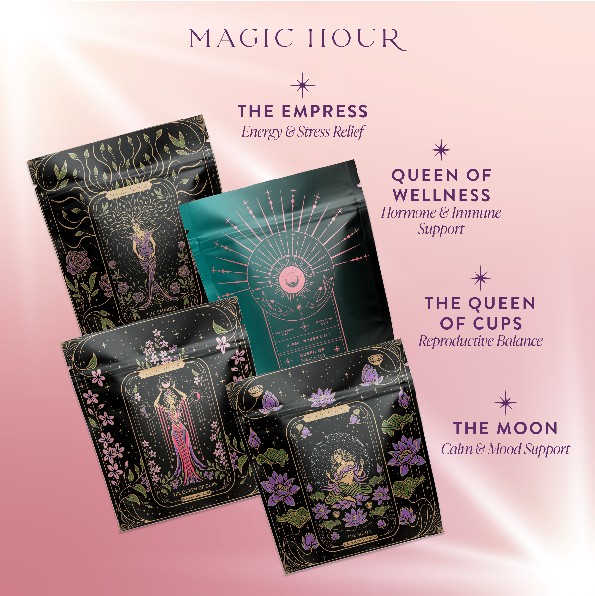 Four packages labeled 'The Empress', 'Queen of Wellness', 'The Queen of Cups', and 'The Moon' on a pink background with 'Magic Hour' branding.