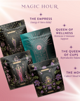Four packages labeled 'The Empress', 'Queen of Wellness', 'The Queen of Cups', and 'The Moon' on a pink background with 'Magic Hour' branding.