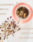 A clear teacup filled with Magic Hour's Pink Tourmaline: Organic Dragon Fruit Hibiscus White Tea sits on a white surface. Beside it, dried tea leaves are scattered. Text on the left reads "Dragonfruit, Hibiscus, Mango," and on the right, "Antioxidant, Healthy skin, Aids digestion." Enjoy immune support and promote heart & breast health with every sip.