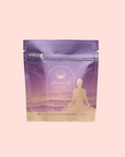 A purple and beige resealable pouch labeled "Pitta: Caffeine-Free Saffron Tea for Balancing Body, Mind & Emotions" features a calming herbal blend, a seated figure silhouette, and moon and stars on a light pink background.