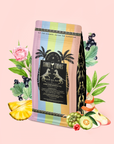 A pastel-striped package of "Rosé All Day: Herbal Tropical Flower Mocktail Tea for Slim Summer Sips," adorned with palm trees and gold accents, is surrounded by illustrations of pineapple, guava, rose, hibiscus, acai berries, and green leaves on a pale pink background. This delightful design suggests an energizing mocktail tea crafted with Garcinia Cambogia and vibrant tropical flavors—an ideal alcohol-free rosé alternative.