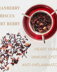 Overhead view of a glass of deep red tea with loose hibiscus and tart berry ingredients alongside it. The text reads "Cranberry Hibiscus Tart Berry" on the left and "Heart Health Immune System Anti-Inflammatory" on the right. Experience Ruby Moon™ : Hibiscus Elderberry Tea, a delightful Organic Loose Leaf blend for optimal wellness by Club Magic Hour.