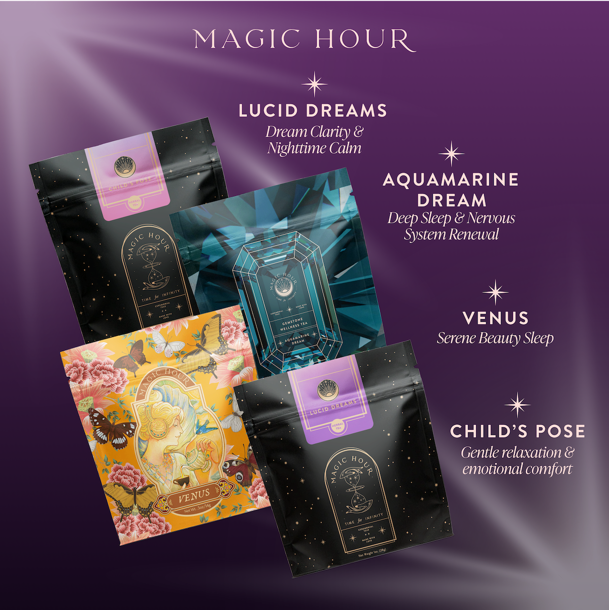 Four Sleep Tea Subscription packages are displayed on a purple gradient. Each relaxing blend—Lucid Dreams, Aquamarine Dream, Venus, and Child’s Pose—offers benefits like sleep support, stress relief, or beauty sleep.