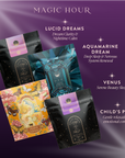 Four Sleep Tea Subscription packages are displayed on a purple gradient. Each relaxing blend—Lucid Dreams, Aquamarine Dream, Venus, and Child’s Pose—offers benefits like sleep support, stress relief, or beauty sleep.