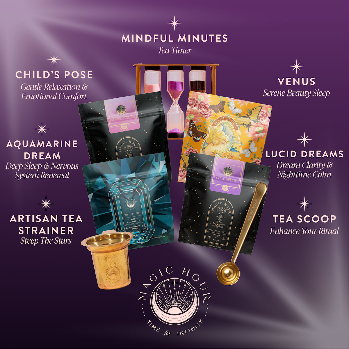 A display of Sleep Tea Subscription packages with a golden tea strainer, scoop, and sand timer—each for stress reduction and relaxation—set against a purple background featuring the Magic Hour logo.
