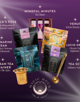 A display of Sleep Tea Subscription packages with a golden tea strainer, scoop, and sand timer—each for stress reduction and relaxation—set against a purple background featuring the Magic Hour logo.