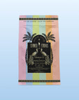A pastel pouch with vertical stripes, palm trees, and peacocks features a black label: “Summer Fridays™: French 75,” highlighting wellness mocktail notes, cocktail white tea details, and gold accents.