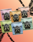 Six colorful resealable pouches of the Summer Fridays: Wellness Mocktail Tea Bundle are arranged in two rows against a pink and orange tropical background with black palm leaf silhouettes, capturing the vibrant spirit of wellness teas.