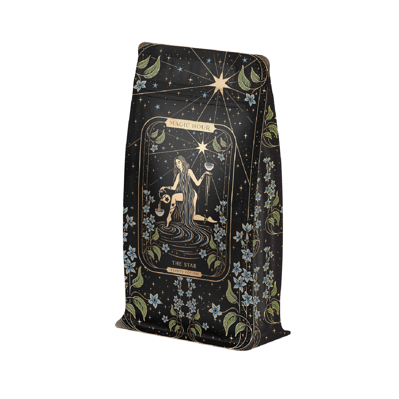 A decorative tea package with a celestial theme, featuring an illustration of a woman holding two pitchers with water pouring out, framed by stars. Text reads "Magic Hour" at the top and "The Star: Vanilla-Ginger Beauty Potion with Jasmine & Shatavari" at the bottom. Blue flowers and green leaves adorn the edges, emphasizing its organic tea essence.