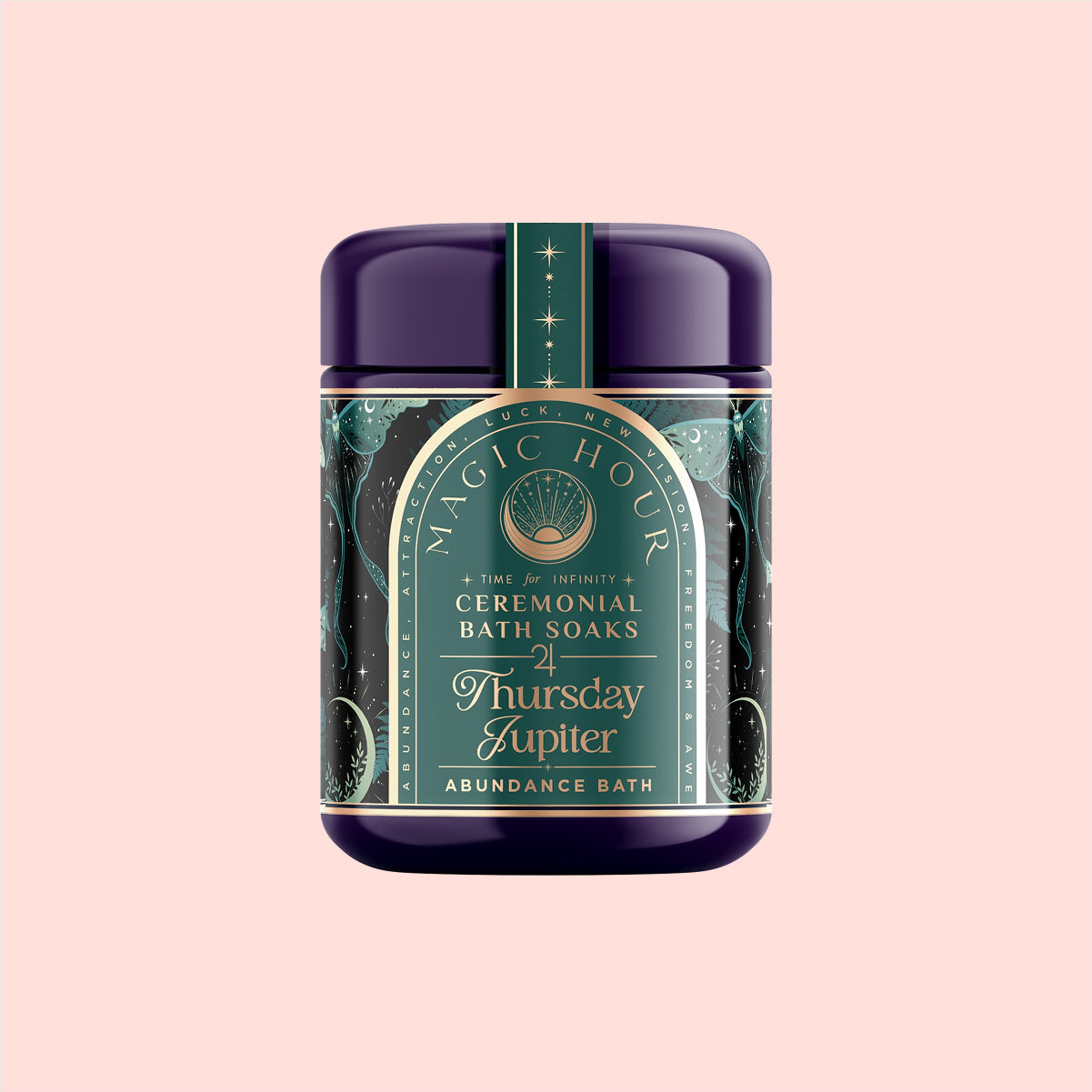 The "Ceremonial Bath Soaks" come in a purple container with a green label featuring celestial designs. The "Thursday Jupiter" and "Abundance Bath" on a peach background offer planetary healing for your self-care routine.