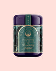 The "Ceremonial Bath Soaks" come in a purple container with a green label featuring celestial designs. The "Thursday Jupiter" and "Abundance Bath" on a peach background offer planetary healing for your self-care routine.