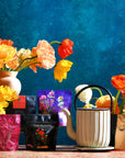 A brightly colored arrangement of flowers in vases is displayed against a vivid blue background. Various colorful packets, possibly seeds or the White Magic Sampler Box from Club Magic Hour, are positioned around a cream-colored, ribbed watering can. The scene exudes a lively and vibrant atmosphere.
