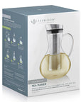 A retail box for the Teabloom Multi-brew Glass Teapot + Kettle + Pitcher (51 oz), showing its glass pitcher with metal infuser. Packaging highlights its use for brewing hot or cold tea, with detailed product info and images.