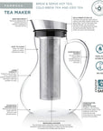 The Teabloom Multi-brew Glass Teapot + Kettle + Pitcher (51 oz) features a stainless steel infuser, comfy handle, large capacity, stovetop and freezer safety, easy cleaning, BPA-free glass, and a versatile filter lid for all beverages.