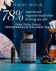 A bottle of Divine Timing Balance tea rests on a table with fruit, flowers, and a teapot. Text reads: "78% experienced improved mood after drinking tea with Divine Timing Balance: Menopause Support Wellness Teas.