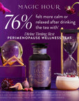 A bottle of Divine Timing Rest sits on a table with tea, flowers, and a golden spoon. Text reads: "76% felt more calm or relaxed after drinking the sleep support Divine Timing Rest Perimenopause Wellness Tea.