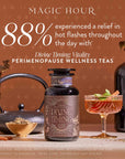 A jar of Divine Timing Vitality, an adaptogenic herbal tea for metabolism support, sits beside a teacup, flowers, and vase. 88% of users found relief in hot flashes with this wellness tea.