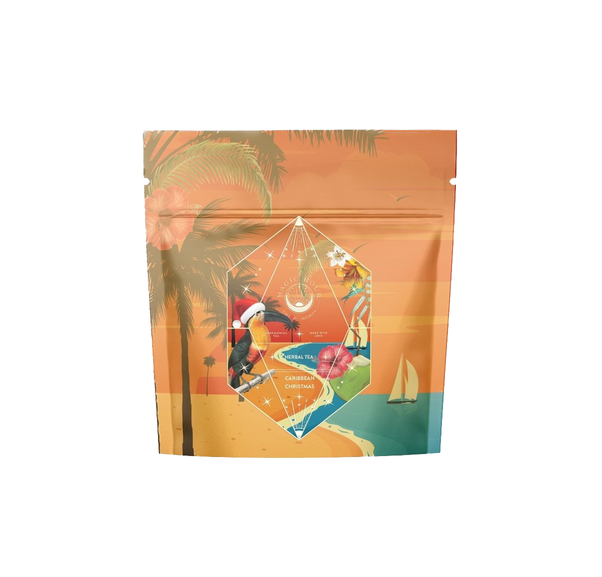A resealable pouch with a tropical design featuring toucans, palm trees, and a sailboat. It is labeled "Magic Hour" and "Hibiscus Holiday Case Packs" in a geometric diamond shape in the center. Warm sunset colors dominate the background, evoking holiday enchantment blend vibes.