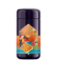 A cylindrical, dark purple tin container with vibrant tropical artwork on the label. The label features a colorful toucan, tropical flowers, and geometric shapes with the text "Hibiscus Holiday Case Packs" by Magic Hour. Infused with mood-enhancing herbs, the festive background blends from orange to teal.