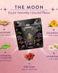 Tea packaging for 'The Moon' tea with herbs and their benefits on a pink background