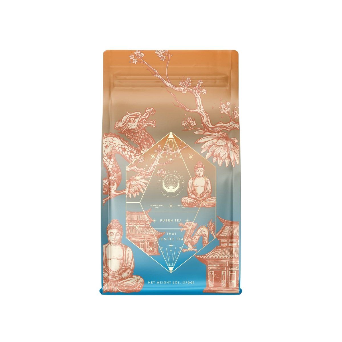 Magic Hour’s Thai Temple Tea Case Packs come in vibrant, colorful packaging adorned with East Asian elements like a dragon, a temple, cherry blossoms, and a Buddha statue. The package features a stunning blend of brown and gradient blue hues with intricate details and patterns. Each pack contains probiotic-rich Puerh tea and has a net weight of 4 oz (113g).