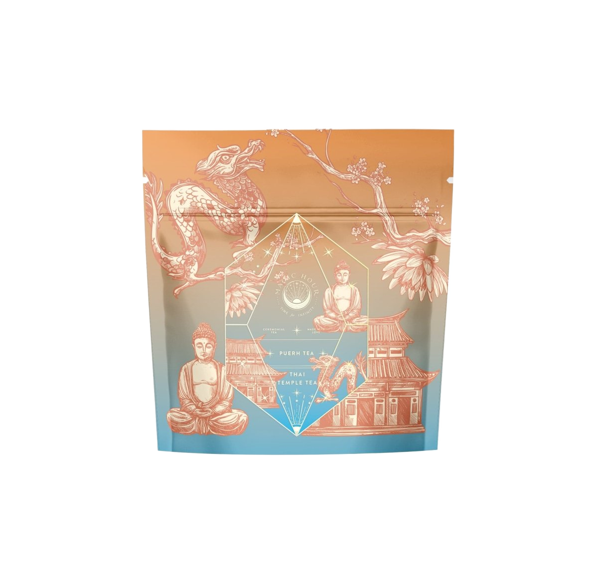 An ornate tea packaging from Magic Hour's Thai Temple Tea Case Packs, displaying a dragon, Buddha statues, a traditional Asian temple, and a geometric design with celestial elements. The artwork features an orange and blue color scheme. The text on the package reads "Probiotic-rich Pu'erh Tea, the limited tea.