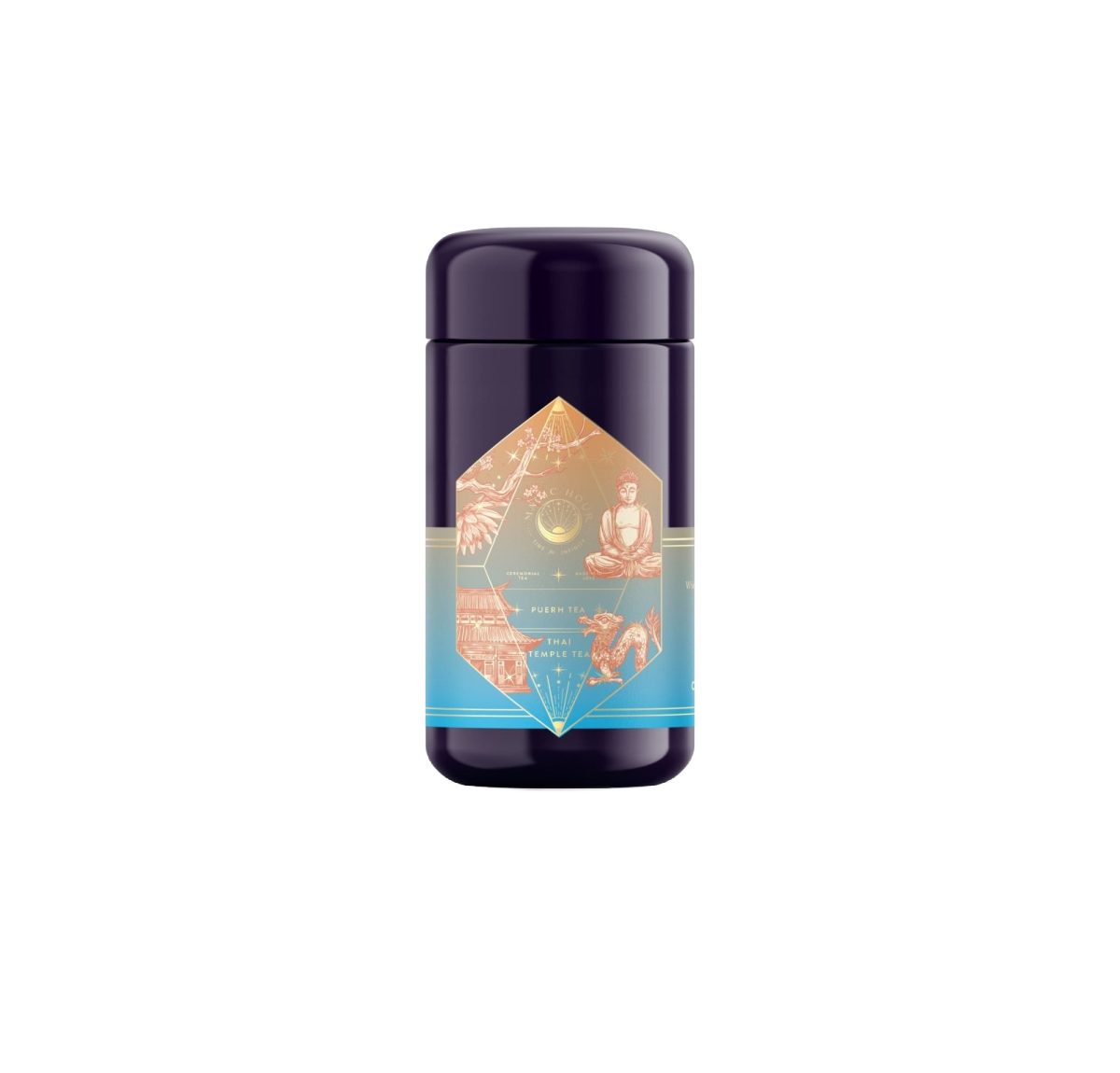 Introducing the Magic Hour Thai Temple Tea Case Packs: a dark purple cylindrical container adorned with a label showcasing an orange and blue gradient design. The label is embellished with abstract geometrical shapes and intricate illustrations, including a serene figure meditating amidst probiotic-rich Puerh tea leaves, along with various natural and celestial elements.