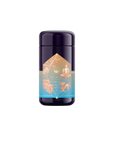 Introducing the Magic Hour Thai Temple Tea Case Packs: a dark purple cylindrical container adorned with a label showcasing an orange and blue gradient design. The label is embellished with abstract geometrical shapes and intricate illustrations, including a serene figure meditating amidst probiotic-rich Puerh tea leaves, along with various natural and celestial elements.