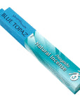 A rectangular box of Blue Topaz Natural Incense from Shoyeido, labeled "BLUE TOPAZ" and "Magnifiscents." The packaging, featuring a gradient of blue hues, includes the word "Joy," Japanese characters, and hints of clove.