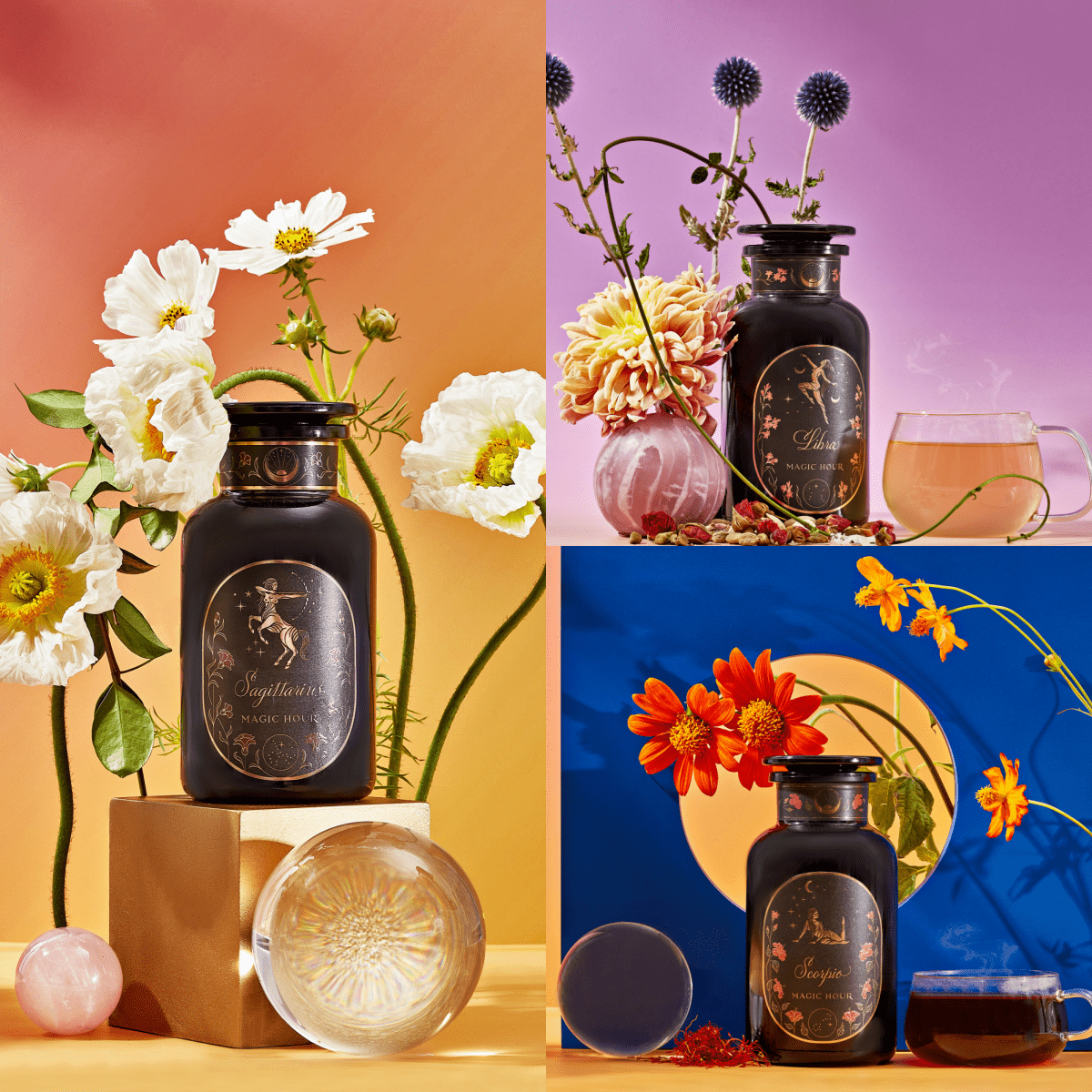 A black, starry, Libra-themed coffee package adorned with gold celestial graphics and pink floral accents. The main bag showcases a centered illustration of a woman holding scales. Two smaller packages featuring the same design accompany the main bag on the right side, making it perfect for pairing with your favorite Libra tea from the Astrology Bundle: Libra, Scorpio, Sagittarius collection.
