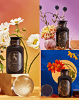 A black, starry, Libra-themed coffee package adorned with gold celestial graphics and pink floral accents. The main bag showcases a centered illustration of a woman holding scales. Two smaller packages featuring the same design accompany the main bag on the right side, making it perfect for pairing with your favorite Libra tea from the Astrology Bundle: Libra, Scorpio, Sagittarius collection.