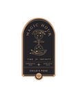 A minimalist label for the "Magic Hour Front Jar Label" showcases phrases like "Time for Infinity," "Ceremonial Teas," "Made with Love," and "Child's Pose Herbal Tea." The elegant hourglass adorned with stars and a celestial theme is exquisitely featured on the standalone gold foil front jar label, set against a chic black and gold color scheme.