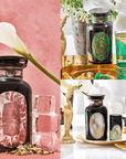 A collage of three images showcasing Magic Hour's Gemstone Bundle with Diamond, Emerald, and Pearl:
- Left: A black perfume bottle with a floral design, a white lily, and pink accent decor with clear ice cubes.
- Top right: Black and green perfume bottles with ornate golden cups.
- Bottom right: Black perfume bottle paired with Magic Hour Tea in a small container and a cup of tea.