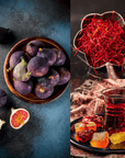 A collage features a wooden bowl of figs, a small dish of saffron, and a plate with assorted sweets and a glass of Scorpio Tea for Sensual Brilliance by Magic Hour. The figs are deep purple, the saffron is vibrant red, and the sweets are colorful with various textures, set against rustic backgrounds.