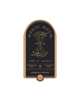 A label for "Magic Hour" Front Jar Label with an illustration of a celestial scene featuring suns, moons, and stars. It reads "Time for Infinity," "Ceremonial Teas," "Made with Love," "Goddess Green," and "Black Tea." The color scheme is black and gold, perfect for a stand-alone gold foil front jar label.
