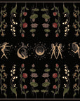 A dark background features an intricate pattern with golden human figures dancing and crescent moons. Vertical rows of flowers in blue, red, white, and green are interspersed throughout. In the center, a circular emblem with the words "Tea Ceremony Towels Bundle" by Magic Hour is surrounded by stars.
